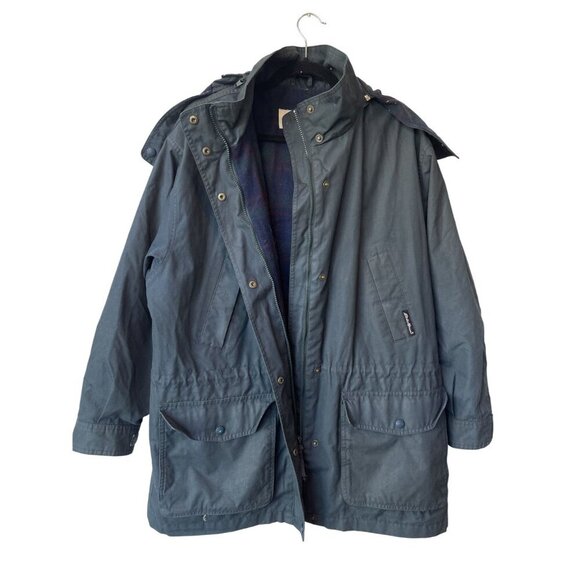 Vintage Eddie Bauer Chore Coat Womens Large Wool Work Barn Jacket Hooded Blue - Picture 2 of 10